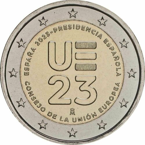 Монета 2 евро Представительство в Совете ЕС. Испания 2023 UNC португалия 2 евро 2021 председательство в совете европейского союза