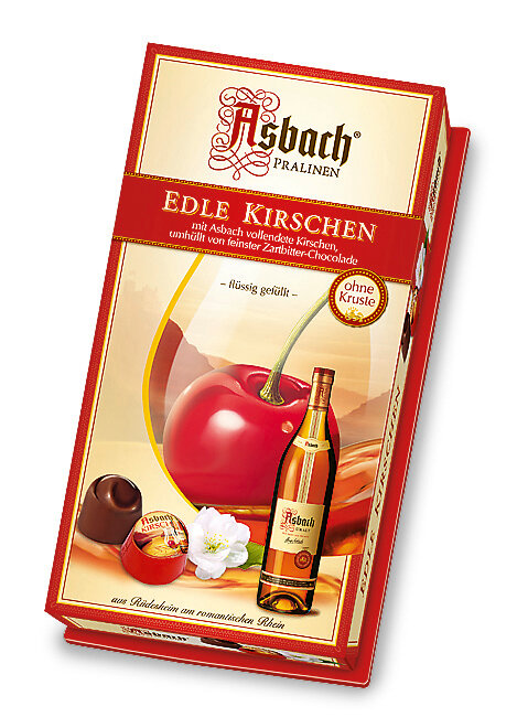 Подарочный набор Asbach Pralinen Edle Kirschen Шоколадные конфеты бутылочки из горького шоколада с начинкой из целой вишни и бренди, 100 г