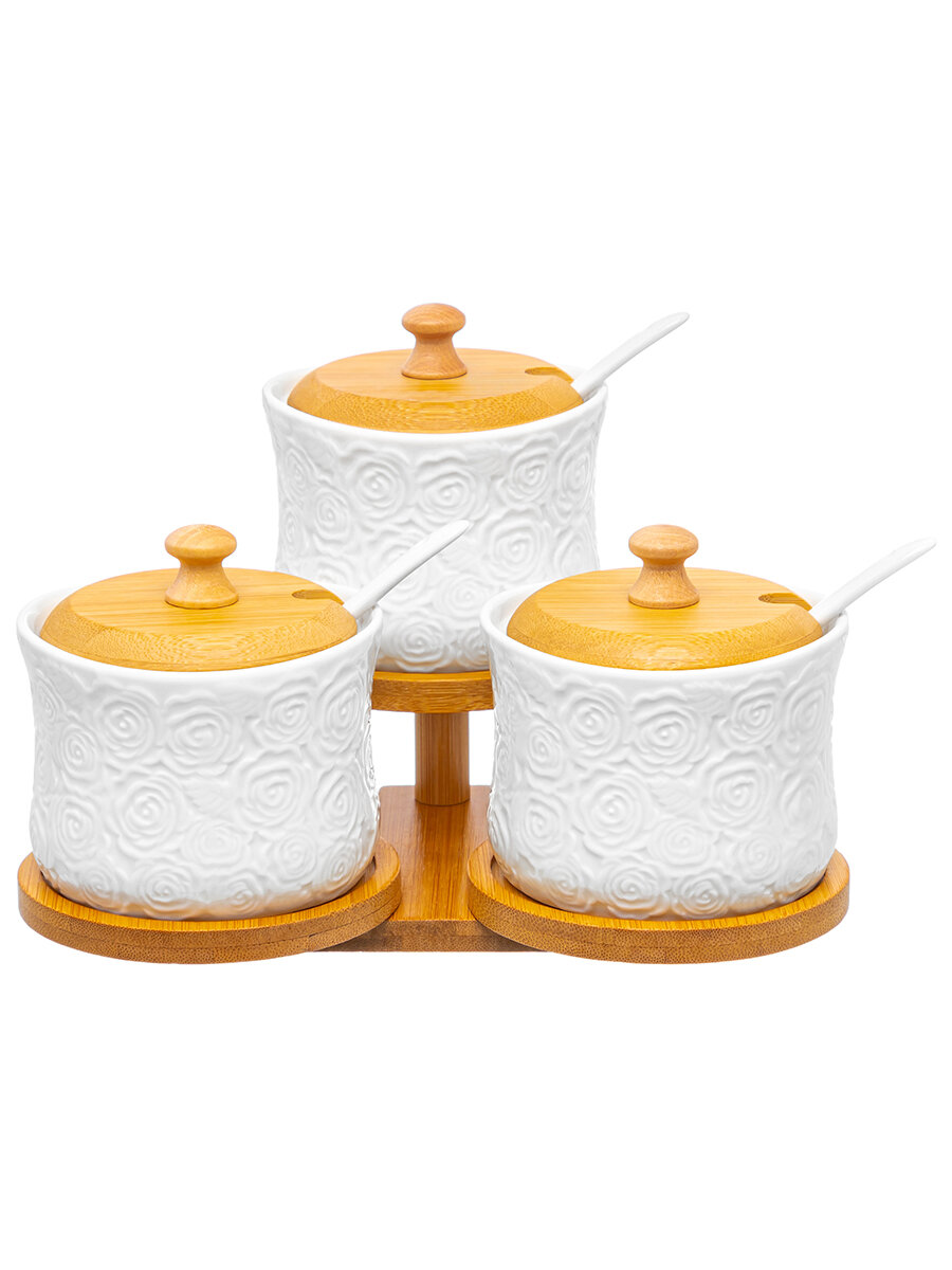 Банка для хранения сыпучих продуктов, соли, специй, чая, кофе 3 шт 250 мл Elan Gallery Розы + ложки, на подставке, набор — фото 1