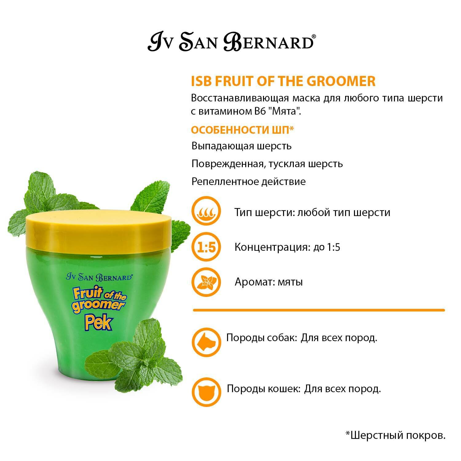 ISB Fruit of the Grommer Mint Восстанавливающая маска для любого вида шерсти с витамином В6 (250 мл.) IV SAN BERNARD - фото №6