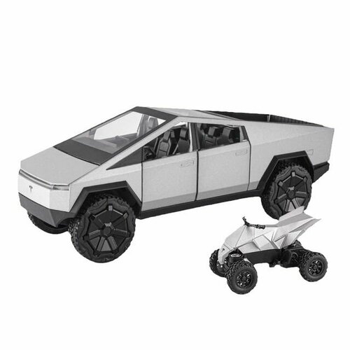 Инерционная металлическая модель Tesla Cybertruck с квадроциклом / Масштаб 1:18 коллекционная машинка игрушка металлическая tesla cybertruck для мальчиков масштабная модель 1 24 темно серый