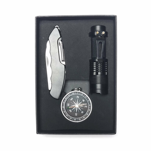Подарочный набор Travel, 3 предмета, швейцарский нож, фонарь, компас.