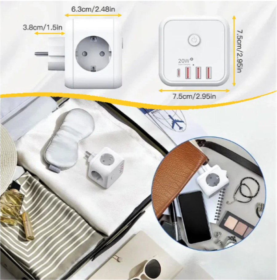 Тройник для розетки DiKAT быстрая зарядка, разветвитель на 3 гнезда EU + 3 USB + 1 type C, выключатель, защита для детей — фото 1