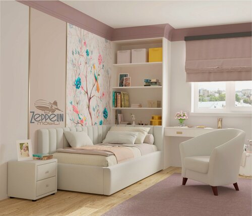 Изображение товара Кровать-тахта Milena 90х200 односпальная бежевая, мягкая спинка из велюра, с ортопедическими ламелями