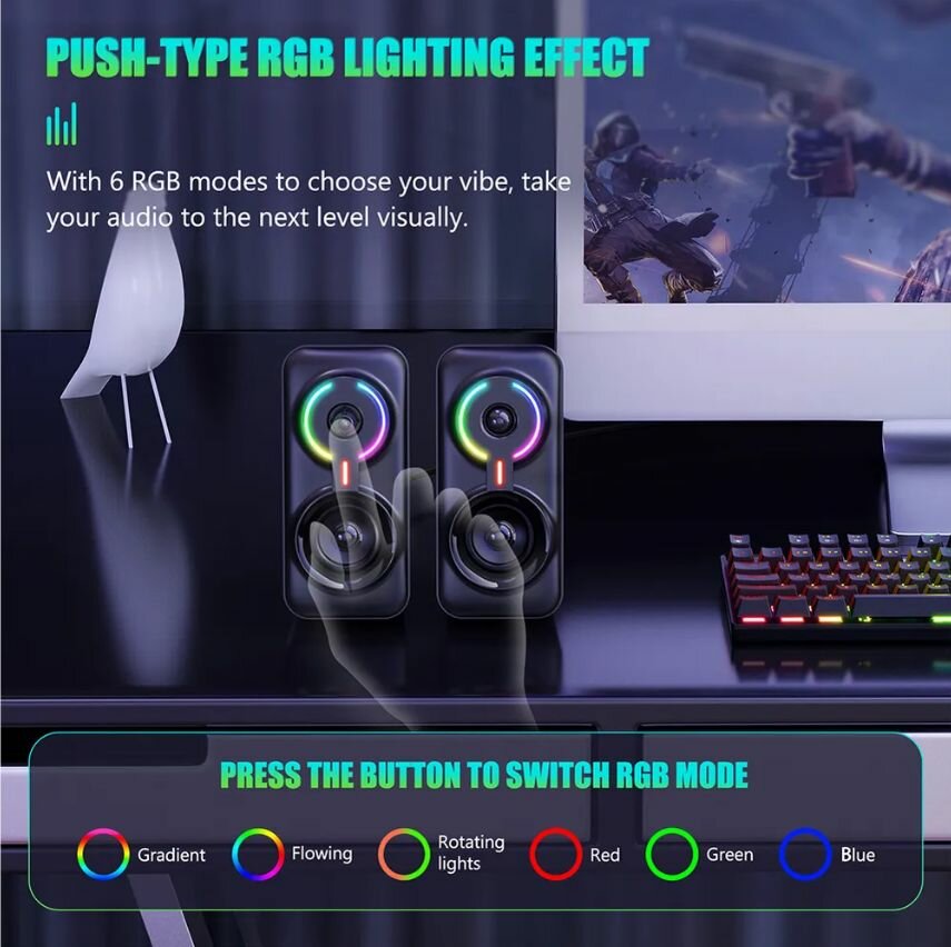 Колонки компьютерные Onikuma L6 c RGB подсветкой, 10 Вт , акустическая система 2.0, питание от USB, черный — фото 1