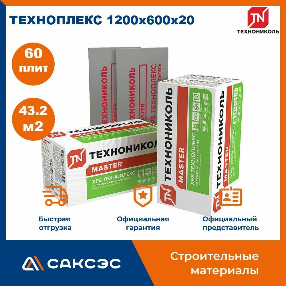 Экструдированный пенополистирол (эппс, XPS) Технониколь техноплекс 1200х600х20, 60 плит, 43,2 м2