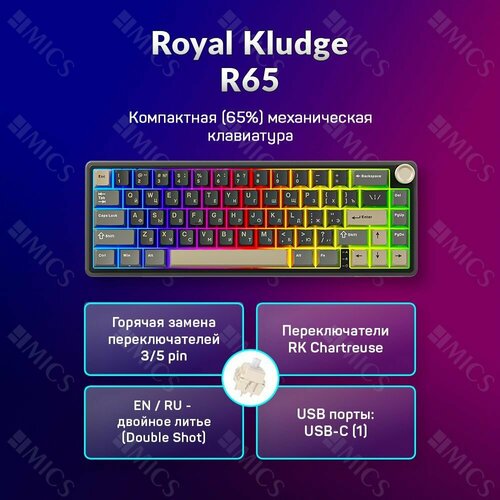 Проводная клавиатура Royal Kludge RK65 RGB Phantom RK Chartreuse 6099₽