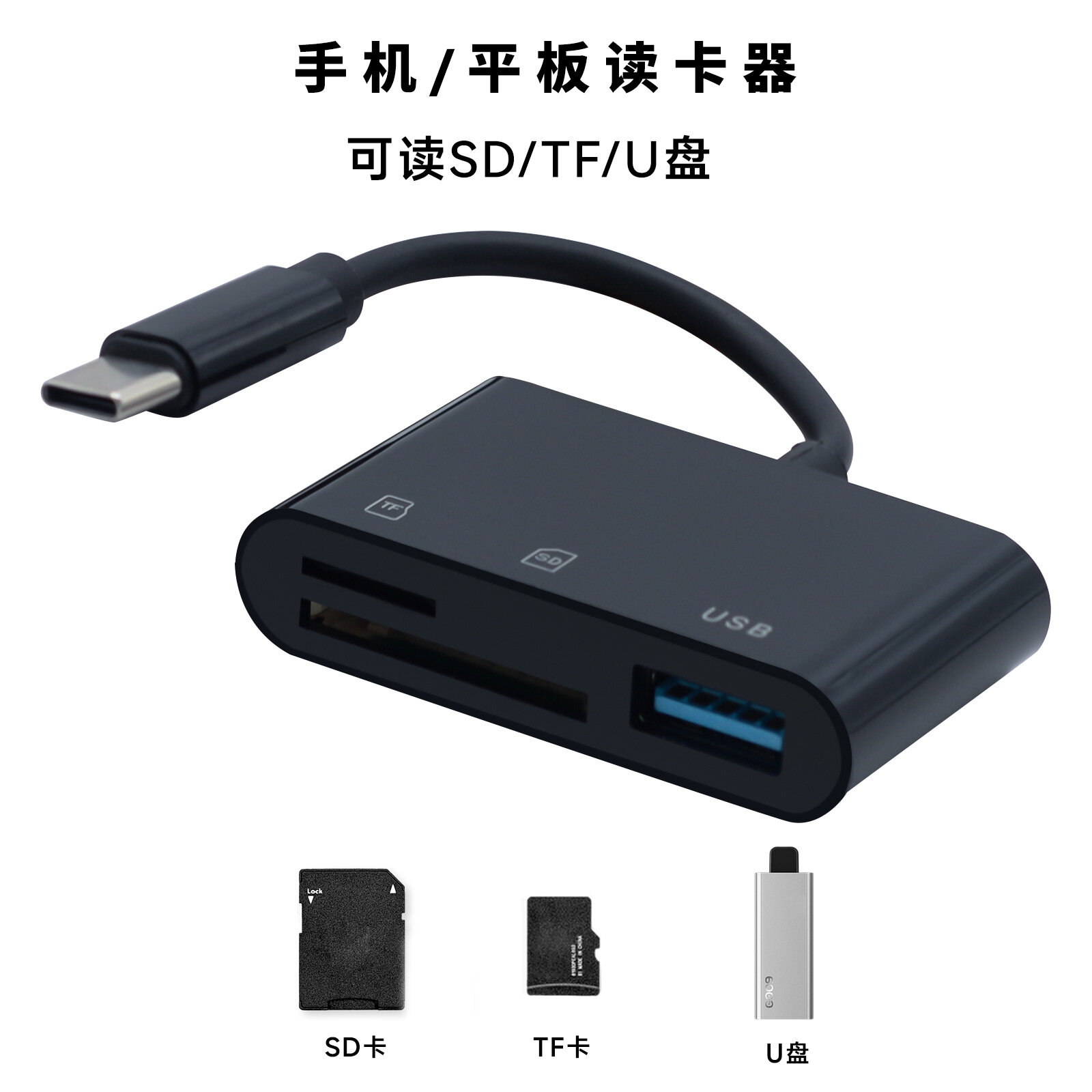 Кардридер Neutral, для карт SD, TF, CF, USB 2.0, внешний, ABS, черный