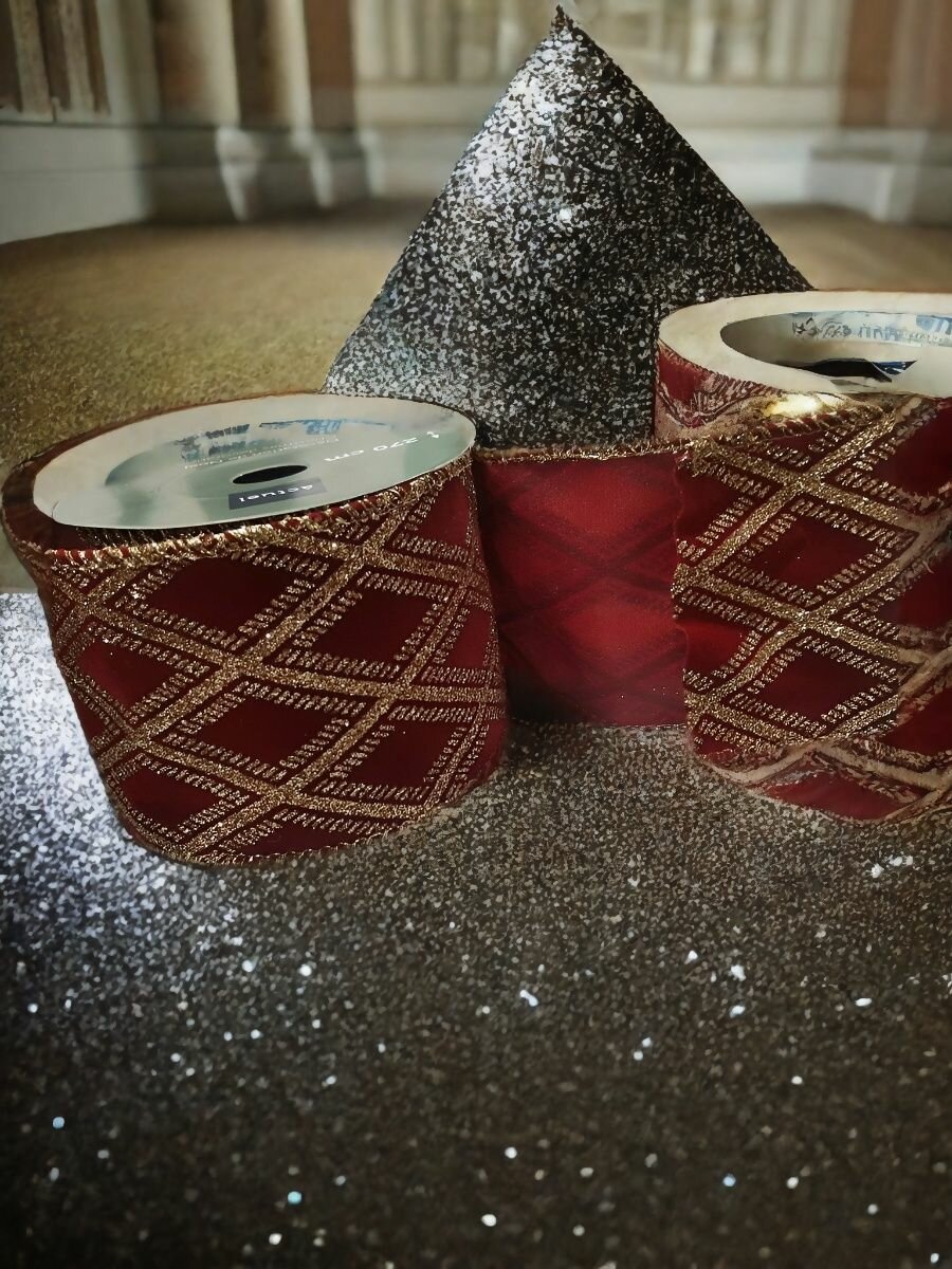Лента упаковочная с глиттером 63 мм 27 м цвет вишневый с золотом