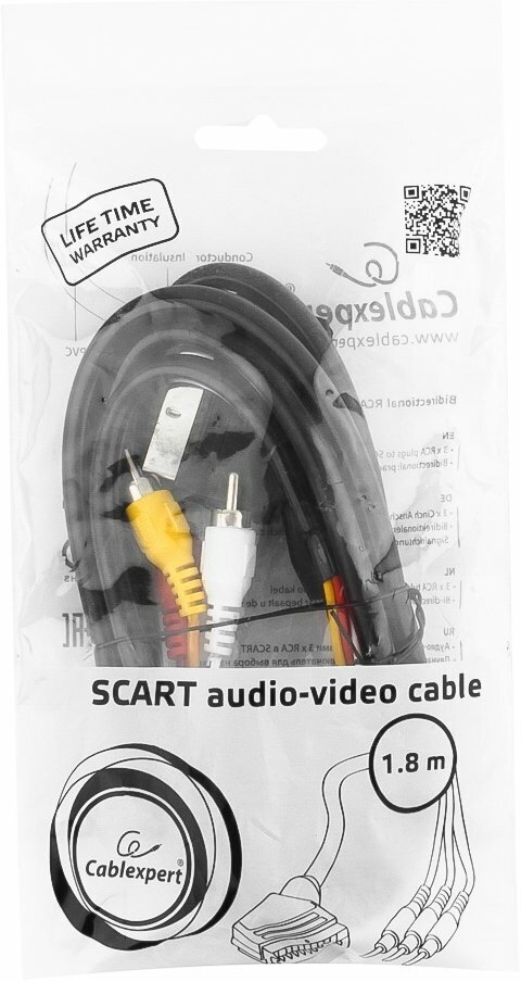 Кабель аудио/видео Cablexpert CCV-519-001, SCART-3xRCA, с переключателем направления сигнала, 1.8 м