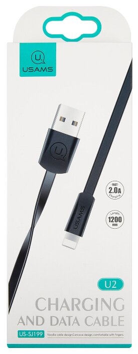 Дата-Кабель USAMS-U2 USB - Lightning, плоский, черный (SJ199IP01) - фото №3
