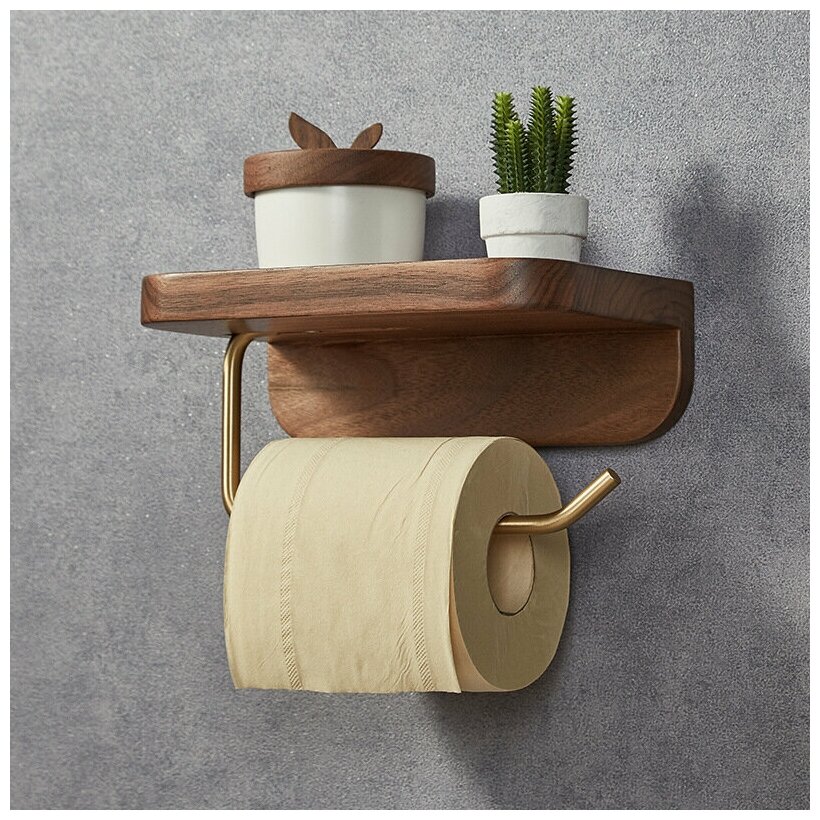 Настенный держать A-PORTE HOME для туалетной бумаги, с полочкой, 20 см, ореховое дерево/алюминий, коричневый-золотой - фотография № 12