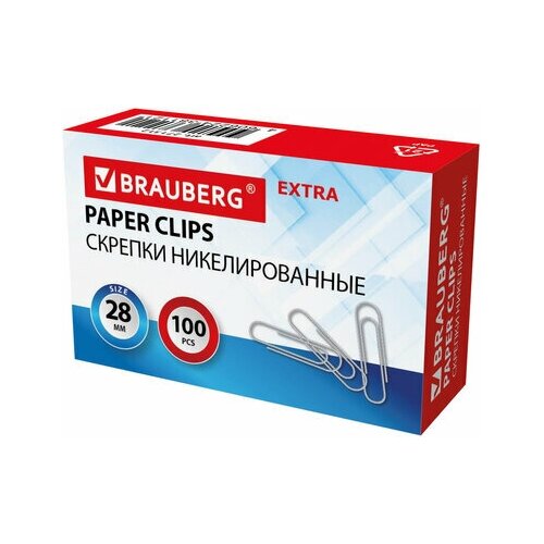 Скрепки EXTRA BRAUBERG 28 мм никелированные 100 штук, 271312