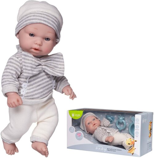 Пупс Pure Baby, 30см, в полосатой кофточке с бантом, белых с полоской штанишках и шапочке, с аксессуарами - Junfa Toys [WJ-22514]