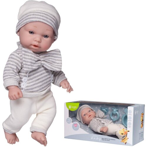junfa пупс micro baby в банке 15 см с аксессуарами 2 вида в коллекции Пупс Pure Baby, 30см, в полосатой кофточке с бантом, белых с полоской штанишках и шапочке, с аксессуарами - Junfa Toys [WJ-22514]