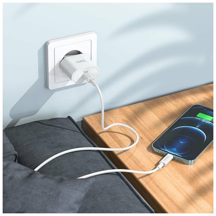 Комплект для зарядки iPhone кабель и блок питания /USB-c Lightning/Hoco c94a/1 метр/белый/передача данных/с поддержкой быстрой зарядки - фотография № 5