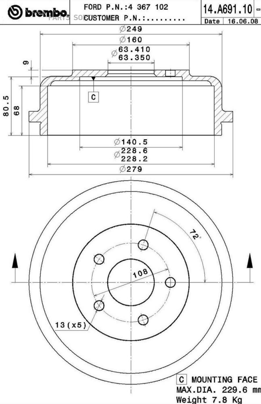 BREMBO 14.A691.10 Барабан торм. зад [228x89,5] 5 отв 1шт