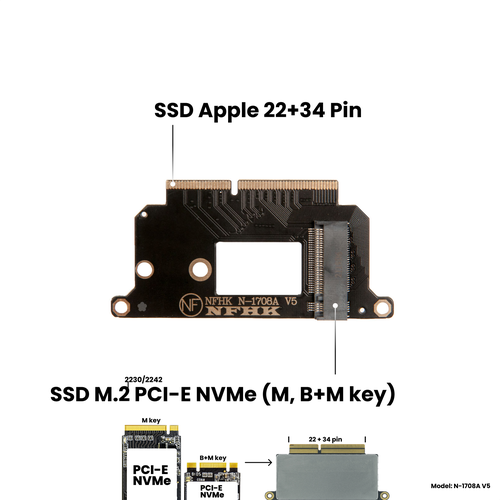 Адаптер-переходник для SSD M.2 NVMe на MacBook Pro 13 Late 2016 / Mid 2017 (22+34 Pin) / NFHK N-1708A V5 адаптер переходник для ssd m 2 nvme на macbook pro 13 late 2016 mid 2017 22 34 pin nfhk n 1708a v5