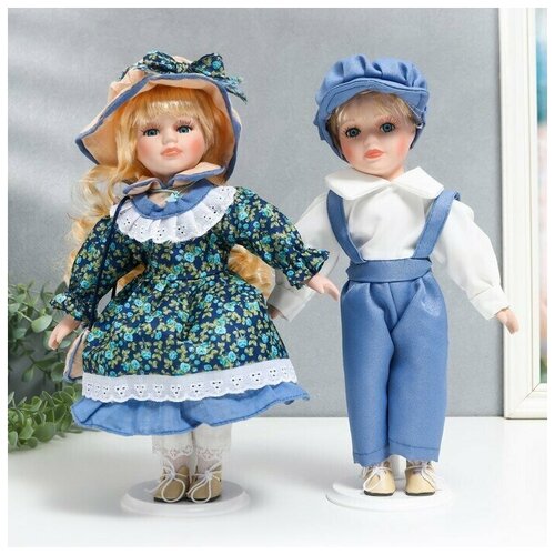Кукла коллекционная парочка Аня и Толя, наряды розочки на синем набор 2 шт 30 см