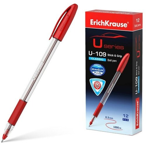 Ручка шариковая U-109 Classic Stick&Grip, узел 10 мм, грип, чернила красные 12 шт