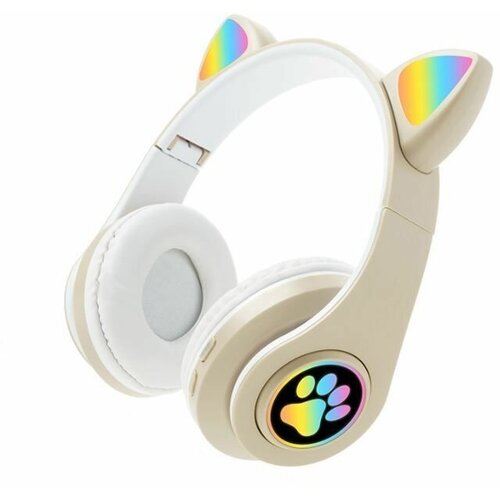 Наушники с ушками Кошачья лапка светящиеся игровые для пк для телефона беспроводные бежевый 120000₽