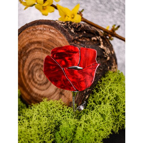 Брошь бижутерный сплав, родирование, эмаль, красный, серебряный