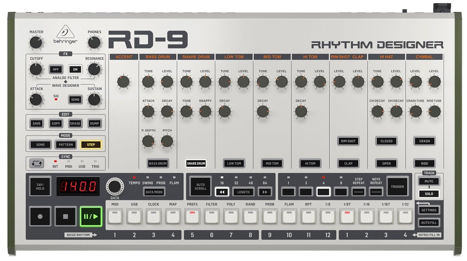 Behringer RD-9 аналоговая драм-машина, 10 оригинальных ударных, 64-шаговый степ-секвенсор, Wave Designer, Dual-Mode Filter