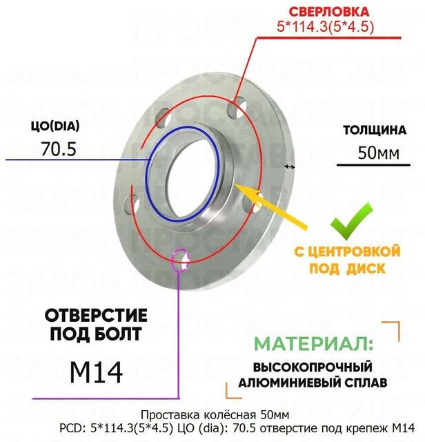 Проставка колёсная 1 шт 50мм PCD: 5*114.3 ЦО (DIA): 70,5 с бортиком отверстие под крепёж M14 на ступицу: Ford, Lincoln 5x114.3