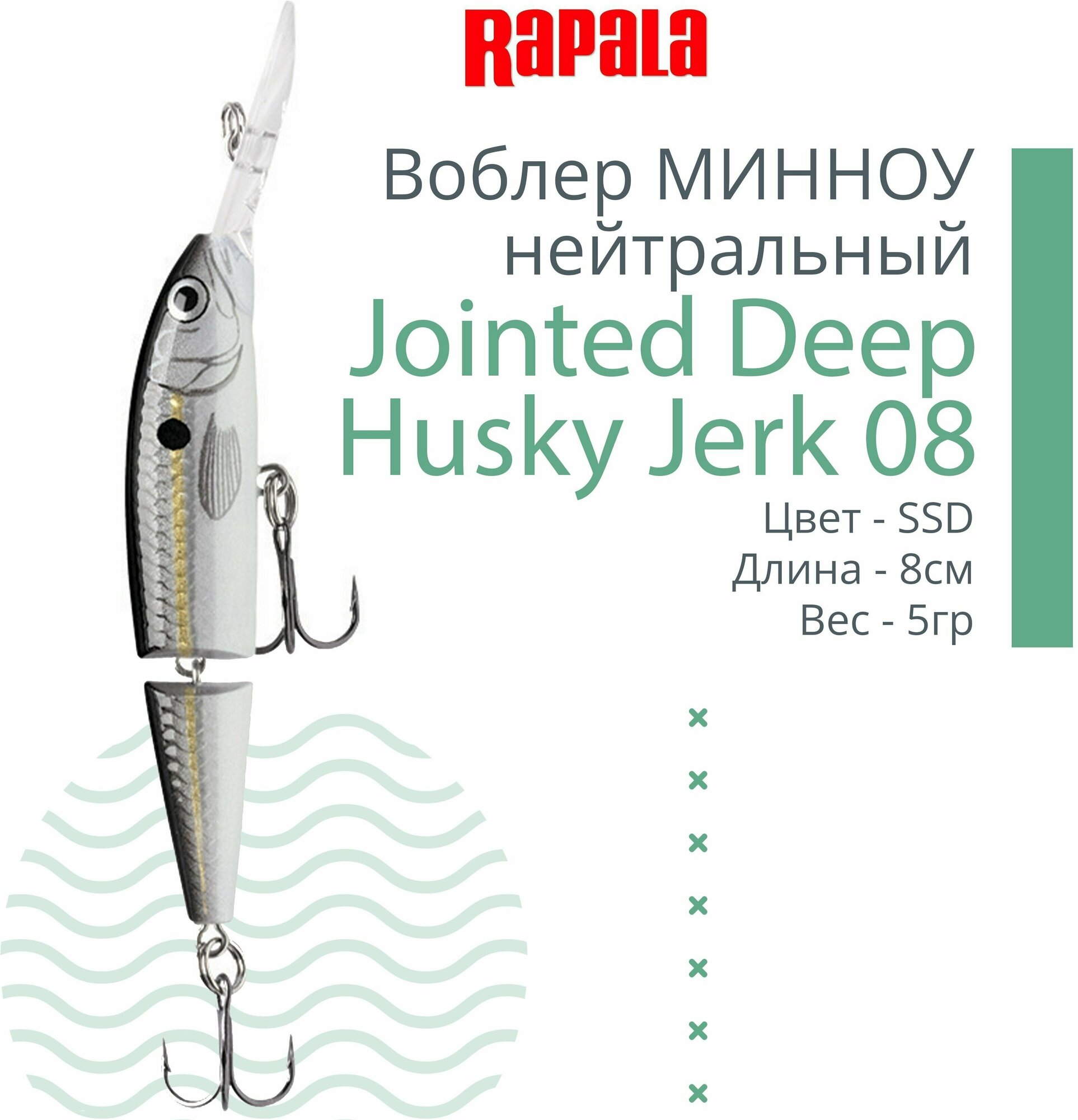Воблер для рыбалки RAPALA Jointed Deep Husky Jerk 08, 8см, 5гр, цвет SSD, нейтральный