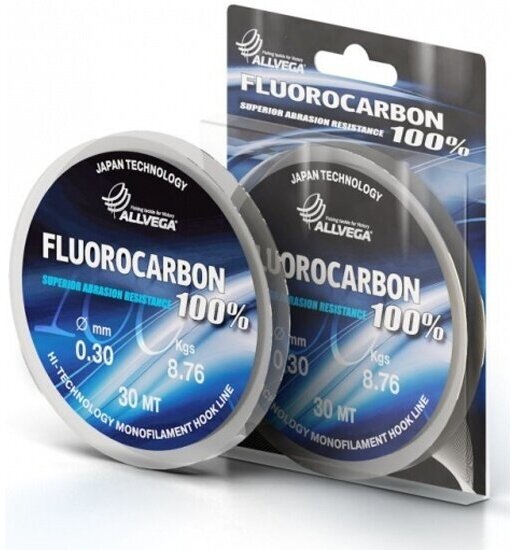 Леска монофильная ALLVEGA "FX Fluorocarbon 100%" 30м 0,18мм (3,74кг) флюорокарбон 100%