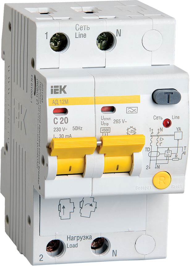 Дифференциальный автомат IEK 2п C 20А 30мА тип A 4.5кА АД-12М, MAD12-2-020-C-030