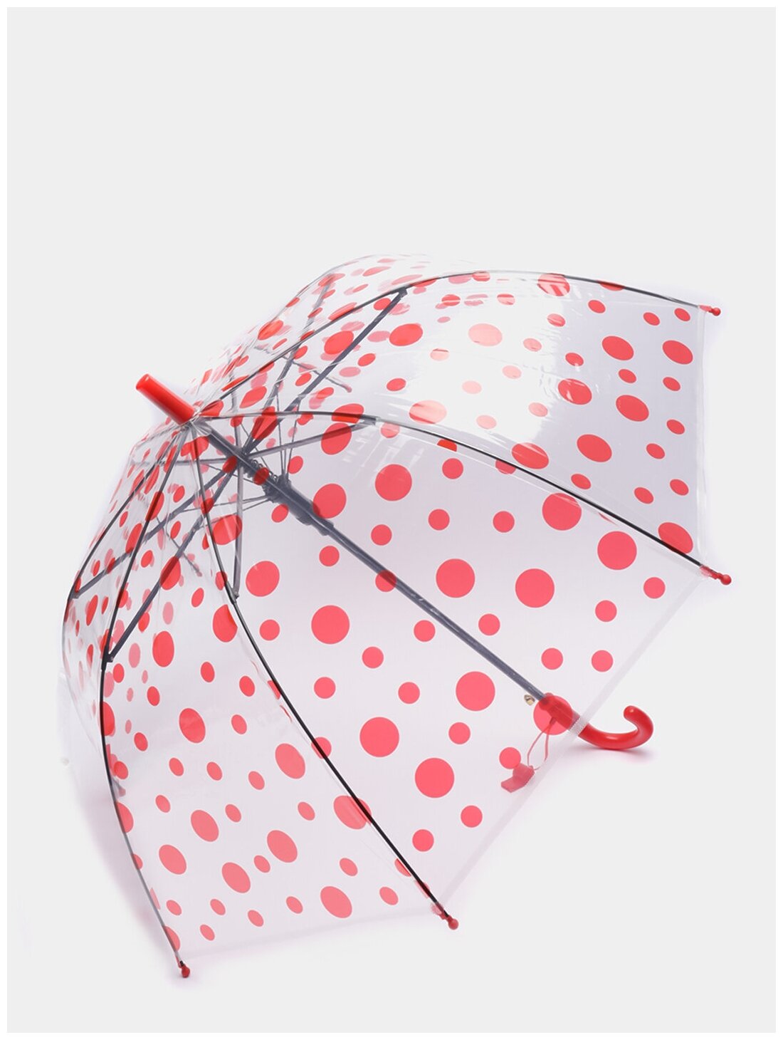 Прозрачный детский зонт-трость в красный горошек