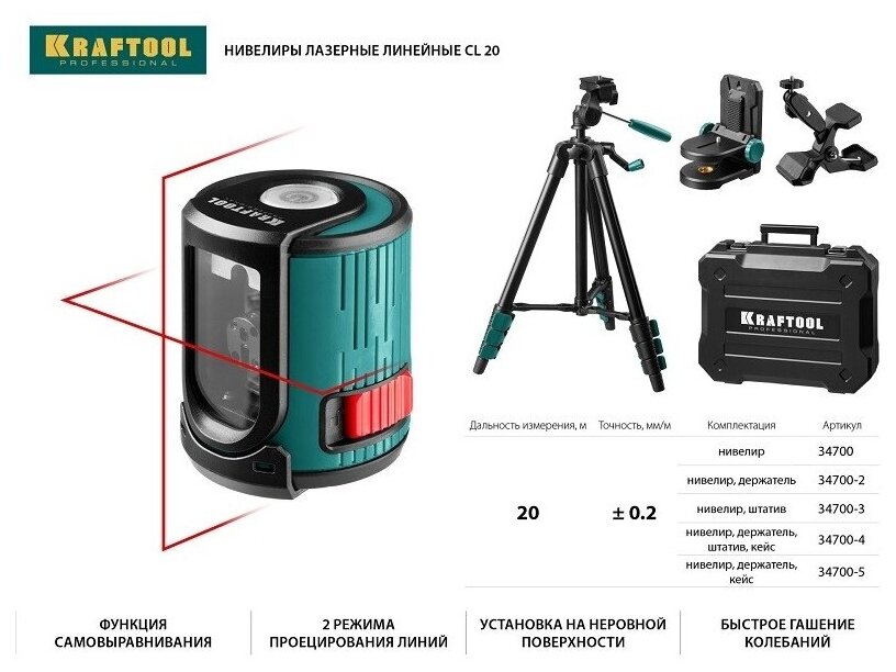 CL20 #3 Нивелир лазерный линейный, элевационный штатив ST-120 (39-120см), чехол, 20м, IP54, точн. 0,2 мм/м, KRAFTOOL