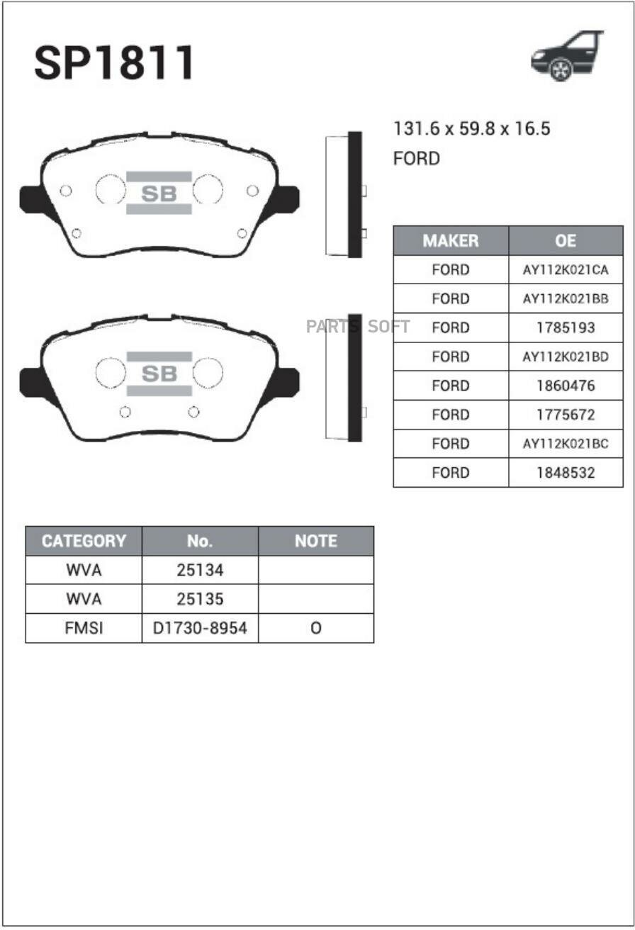 Колодки тормозные дисковые FORD B-MAX 12- FIESTA VI SP1811 SANGSIN BRAKE SP1811 | цена за 1 шт