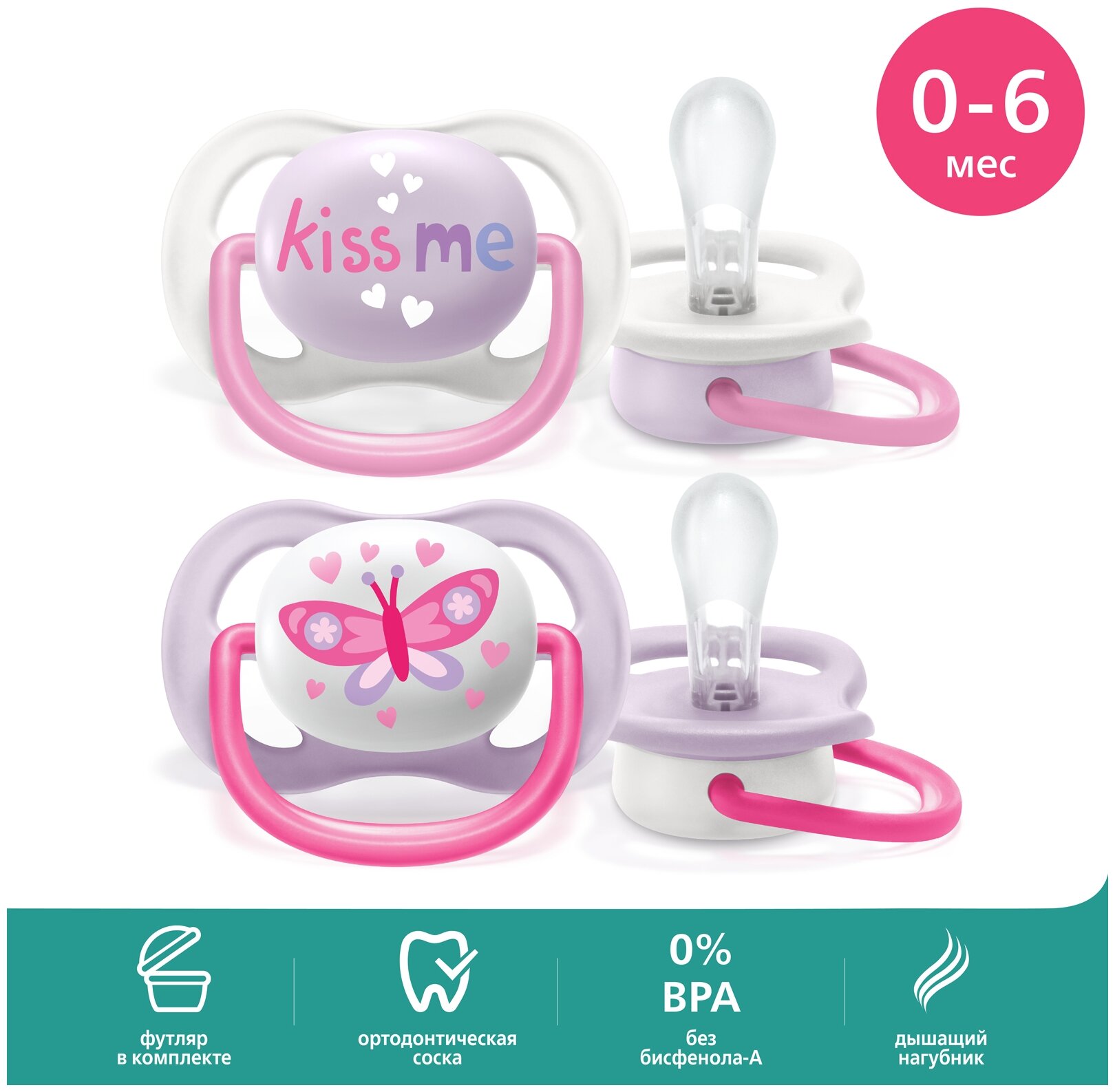 Пустышка Philips Avent силиконовая ортодонтическая Ultra Air 0-6 мес. 2 шт. SCF080/14