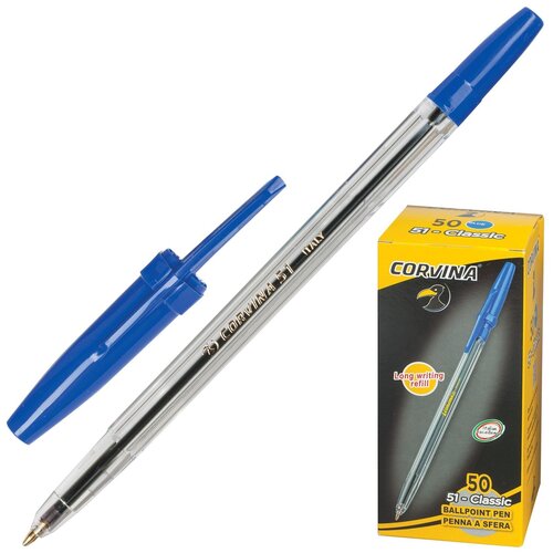 Ручка шариковая CORVINA (Италия) 51 Classic, синяя, корпус прозрачный, узел 1 мм, линия письма 0,7 мм, 40163/02, (50 шт.)