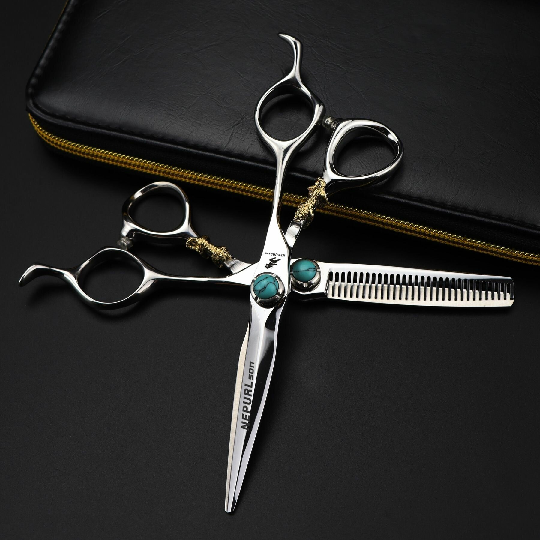 Набор парикмахерских профессиональных ножниц для филировки и стрижки. Малахит. Размер 6.0