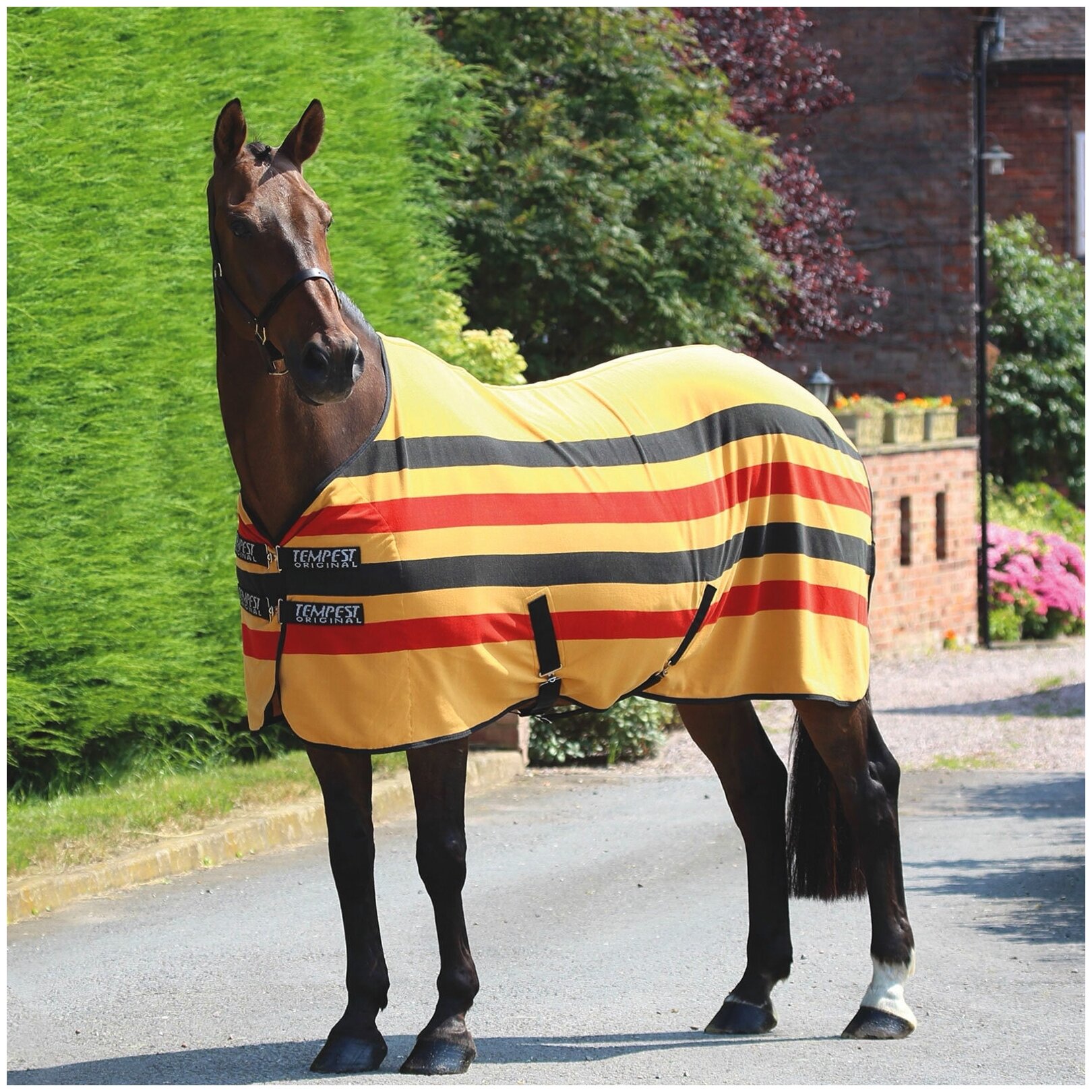 Попона для лошади флисовая в полоску Shires Tempest "Original Newmarket", жёлтый/чёрный/красный, 125см (Великобритания)