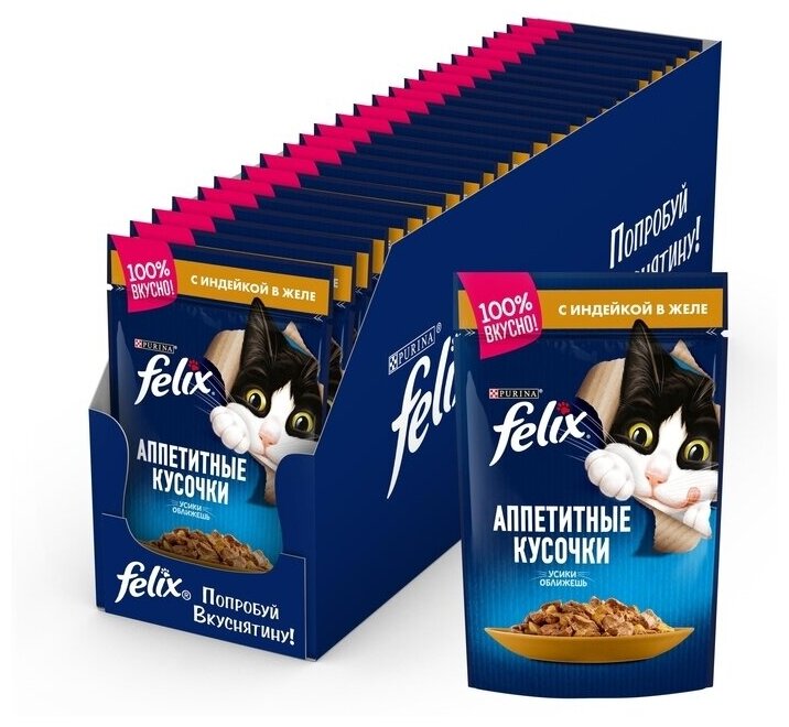 Влажный корм FELIX Аппетитные кусочки для взрослых кошек, с индейкой в желе, Пауч, 85 г, 24 шт - фотография № 1