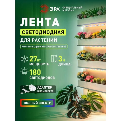 фото Светодиодная лента для растений рассады эра fito-strip light-rа90-27w-3m-12v-ip65 полного спектра для рассады 3 м, ip65