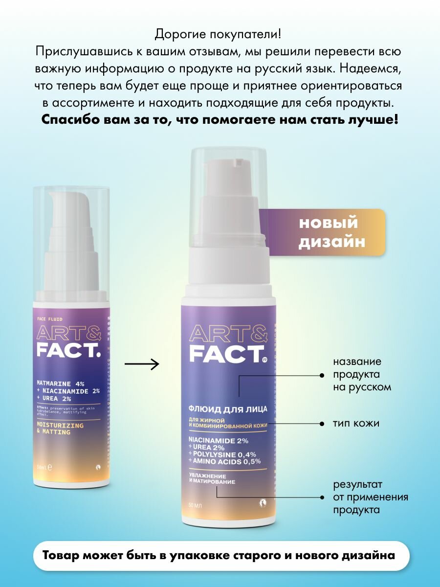 ART&FACT. / Матирующий и увлажняющий флюид для жирной кожи с ниацинамидом 2%, мочевиной 2%, полилизином 0,4% и комплексом аминокислот 0,5%, 50 мл — фото 1