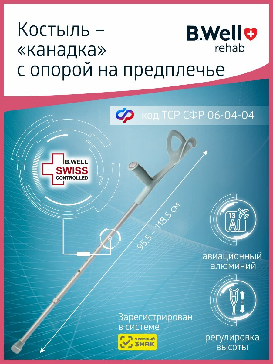 Костыли под локоть взрослые BWell WR322 алюминиевые канадки с гибкой литой манжетой и катафотом 1 шт высота 95118 см