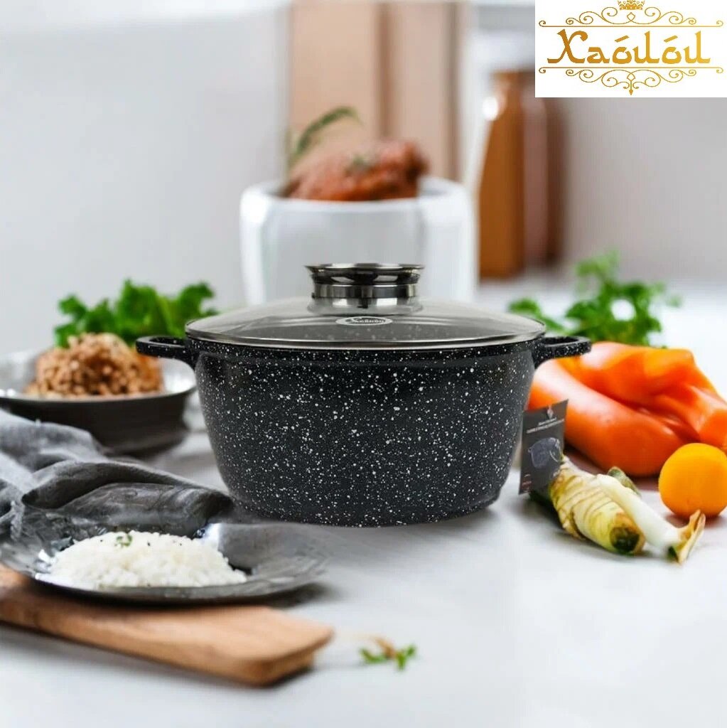 Казан с крышкой для плова, для жаркого, гранитное покрытие, черный, 4.5л НА-08В