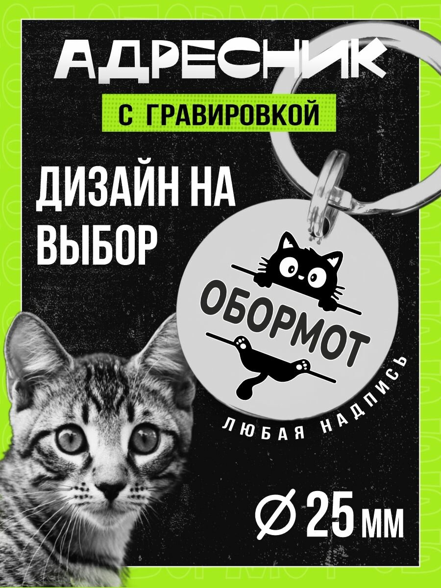 Адресник с гравировкой для котят и кошек, нержавеющая сталь, круглый 25мм, Обормот