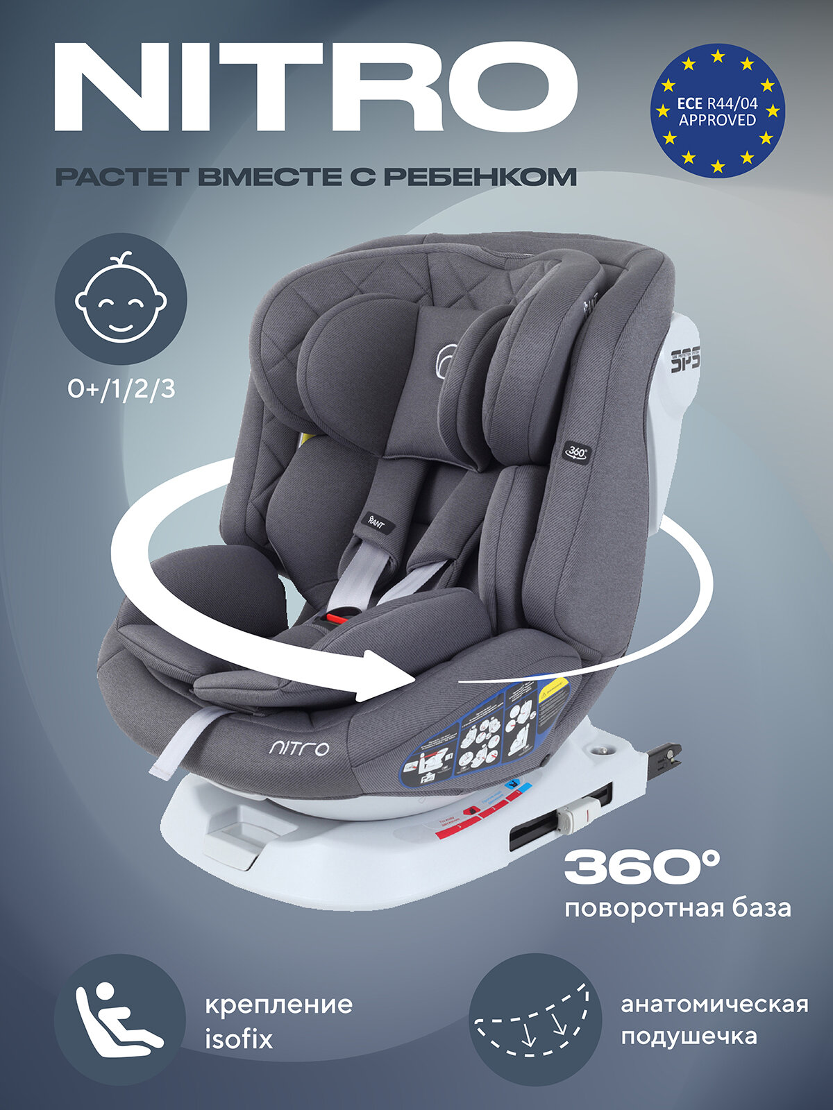 Автокресло Rant Nitro isofix UB619 группа 0+/1/2/3 от 0 до 12 лет вес 0-36 кг, Grey