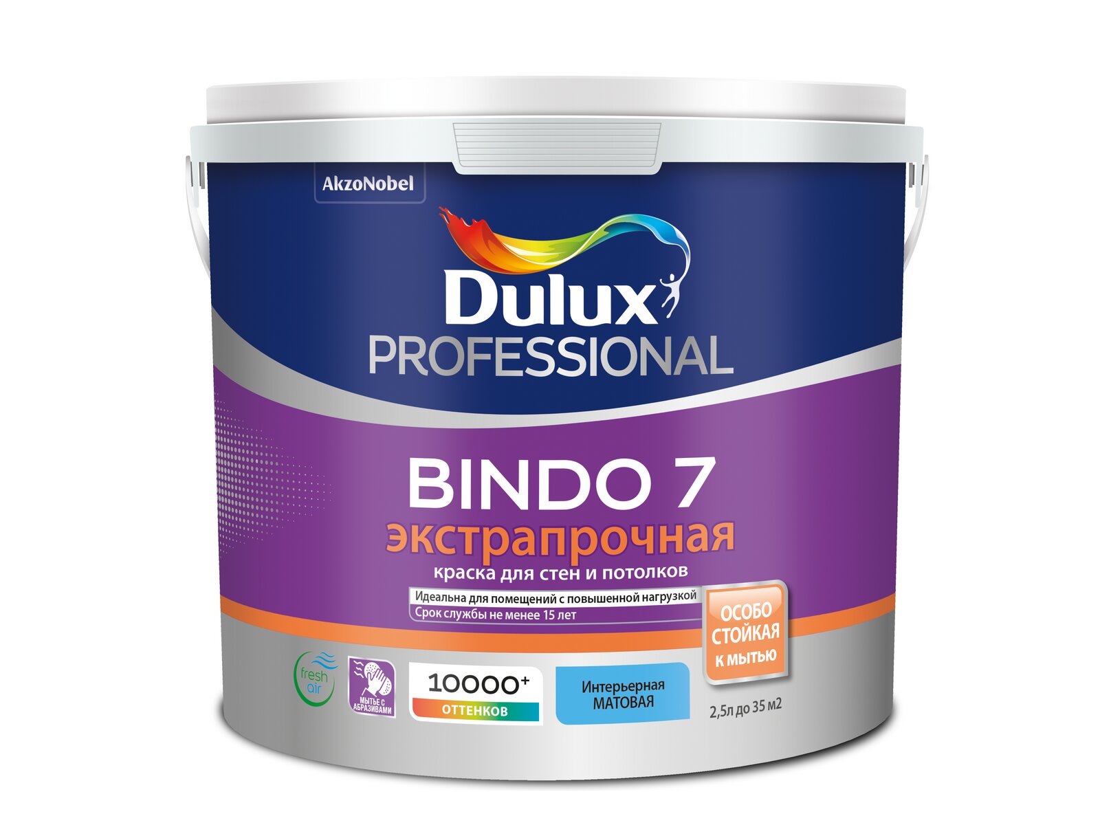 Краска водно-дисперсионная DULUX Professional Bindo 7 для стен и потолков база BW 2.5 л белая арт.5309396