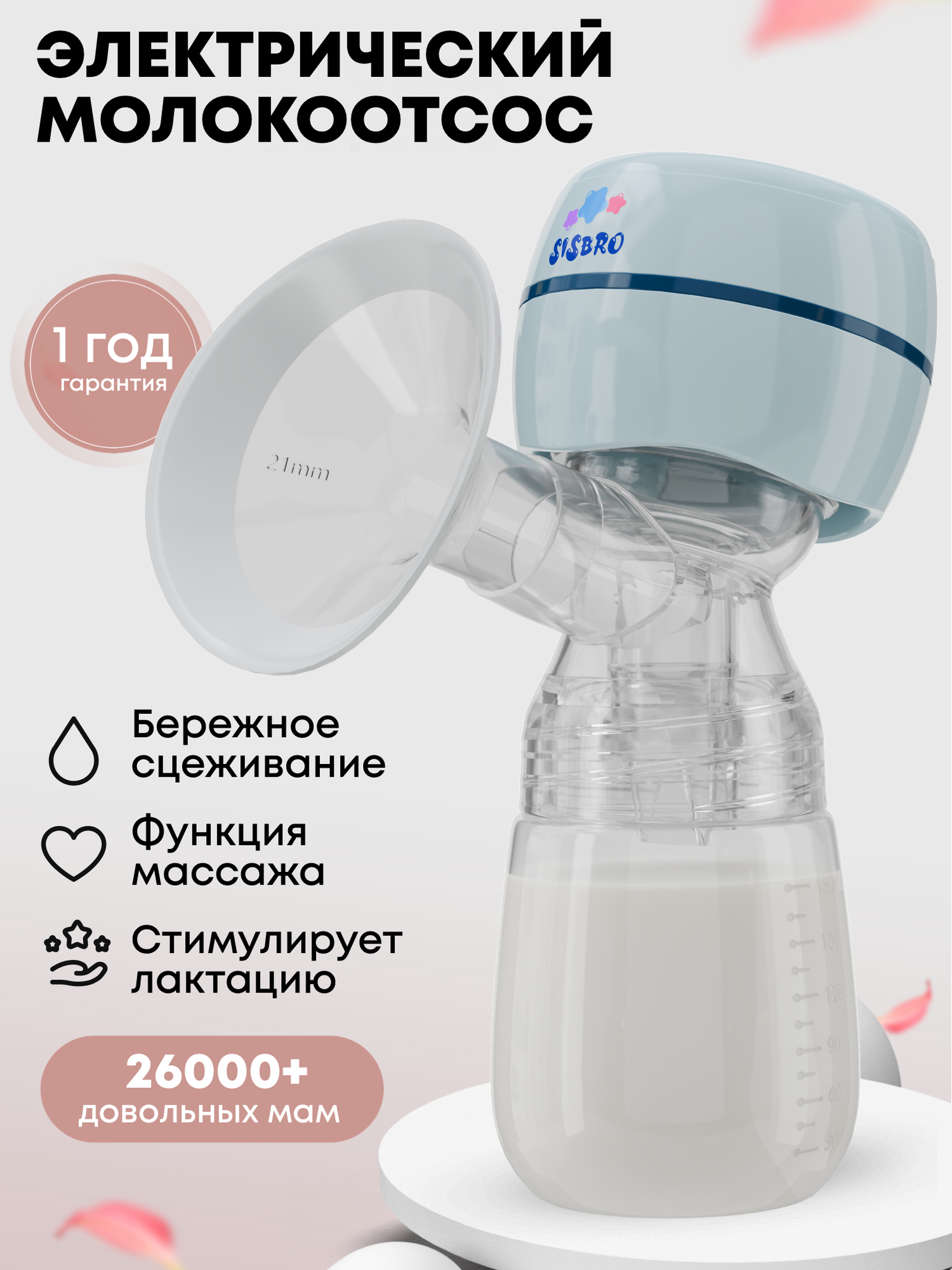 Молокоотсос электрический Sisbro голубой 3 режима USB-зарядка