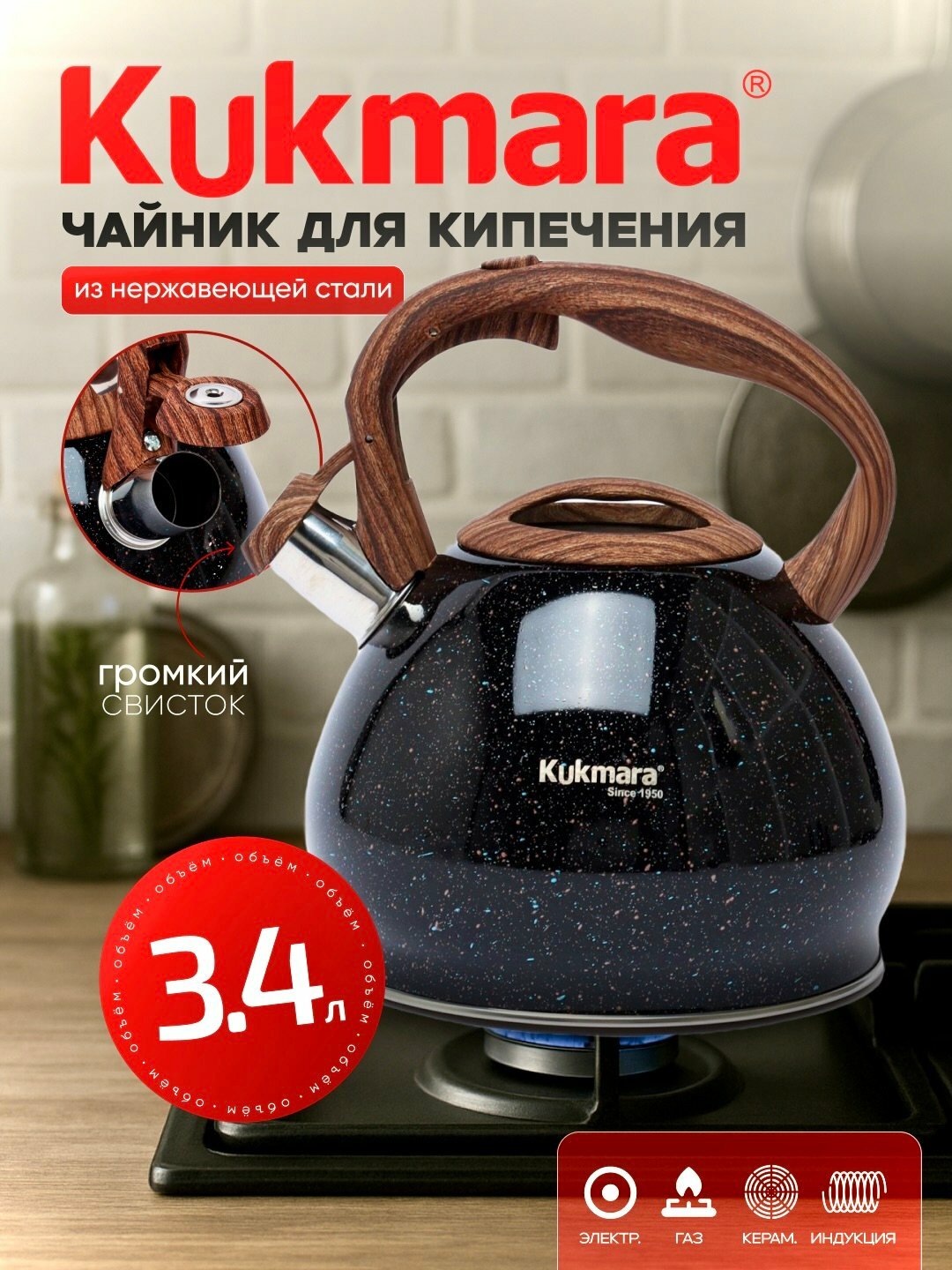 Большой чайник 3,4 л со свистком — Подходит для всех типов плит, матовая поверхность