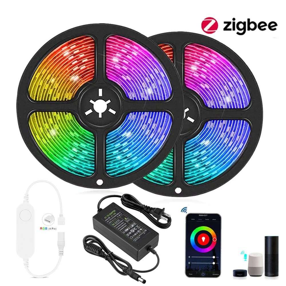 Светодиодная лента Tuya Zigbee RGB 12 В, 1 м, 2 м, 3 м, 4 м, 5 м, 10 м, лампа с регулируемой яркостью, водонепроницаемая лента, комплект Smart Life APP fr Alexa Home Assistant non-waterproof, 5M Full KIT, EU Plug