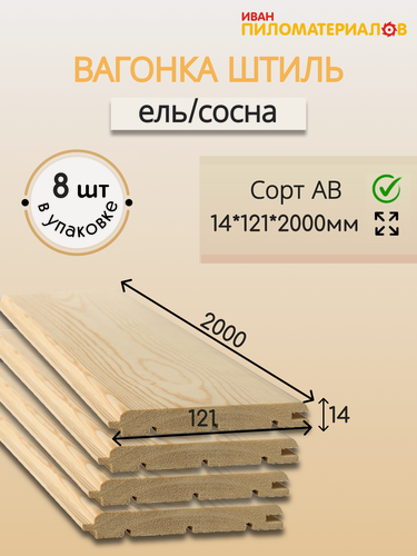 Изображение товара Вагонка (ель-сосна) "Штиль", сорт А-В 14х121х2000х8 шт. Цена указана за упаковку
